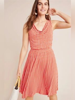 Anthropologie Maeve Size L  Tangerine Daisy Print Cowl Neck Brianne Dress NEW!